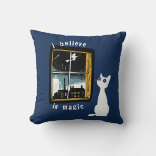 Coussin Je crois en la magie Chat blanc vintage Linogravur