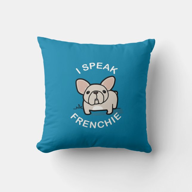 Coussin Je parle Frenchie - bleu (Recto)