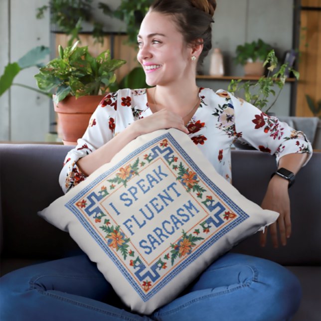 Coussin Je Parle Sarcasme Fluent - Drôle Style Needlepoint (I Speak Fluent Sarcasm Needlepoint Style Funny Women and Girls Gift Pillow)