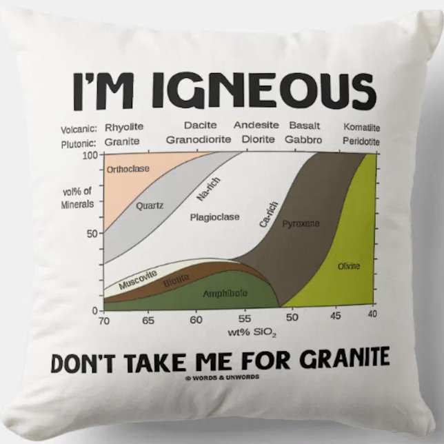 Coussin Je suis ingénu ne me prends pas pour granite (Throw pillow for fans of igneous rock with the  saying "I'm Igneous Don't Take Me For Granite". )