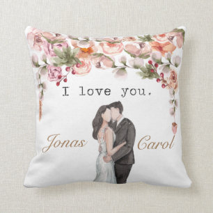 Coussin Je t'aime Aquarelle florale mariage cadeau Nouveau