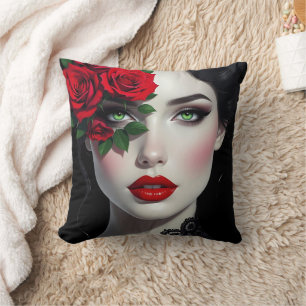 Coussin Je t'aime Belle femme avec rose rouge
