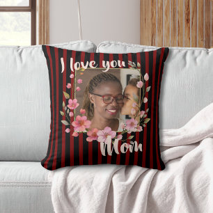 Coussin Je t'aime maman Fleur photo noir cramoisi rouge