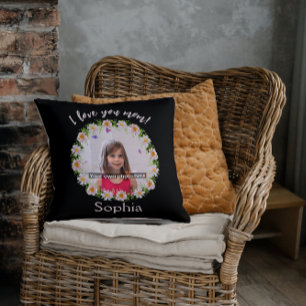 Coussin Je t'aime maman photo nom frontière de fleur
