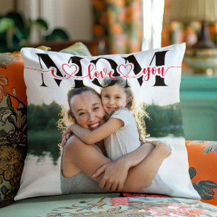 Coussin Je t'aime maman Typography Photo avec coeurs rouge