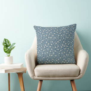 Coussin Jean Bleu Denim et Vignes Florales Blanches