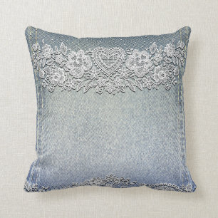 Coussin Jean Bleu en Denim & Dentelle Blanche en Forme de