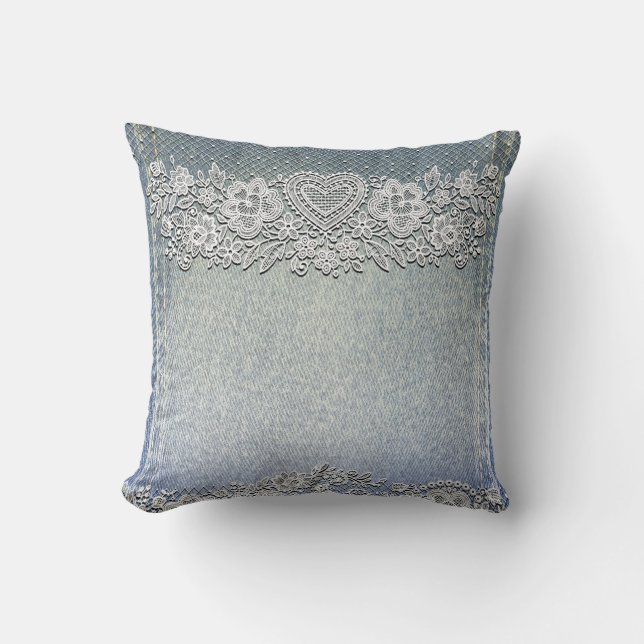Coussin Jean en Denim Bleu et Dentelle Blanche en Forme de (Recto)