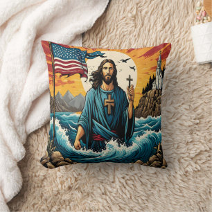 Coussin Jésus avec croix au coucher du soleil vagues/monta
