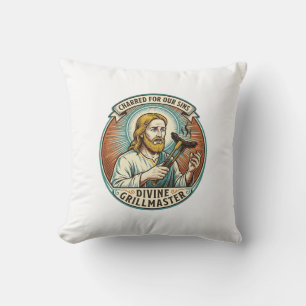 Coussin Jésus complètement brûlé noir Hot Dog BBQ Humour_1