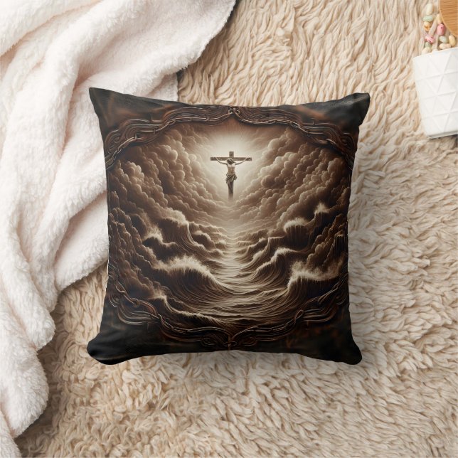 Coussin Jésus Crucifixion sur les vagues de l'océan orageu (Couverture)