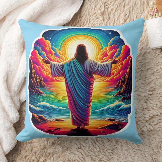 Coussin Jésus dominant le ciel coloré (Couverture)