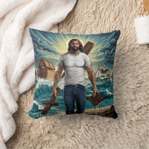 Coussin Jésus marchant sur des eaux turbulentes avec une c