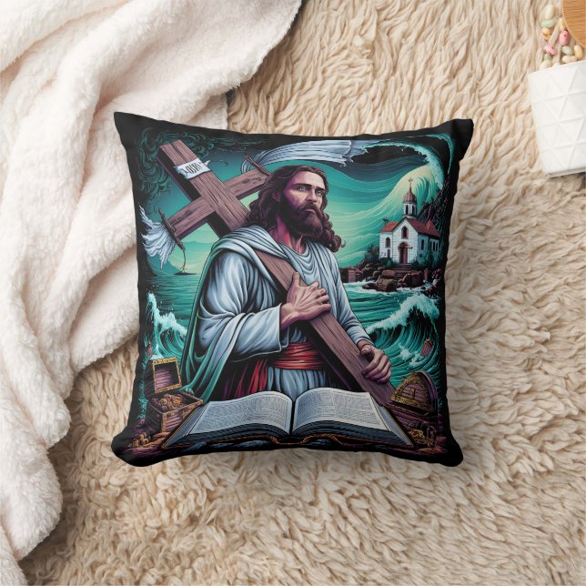 Coussin Jésus porte la croix par la mer turbulente (Couverture)