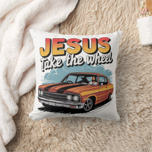 Coussin Jesus Prend le Volant Voiture Musclée Vintage