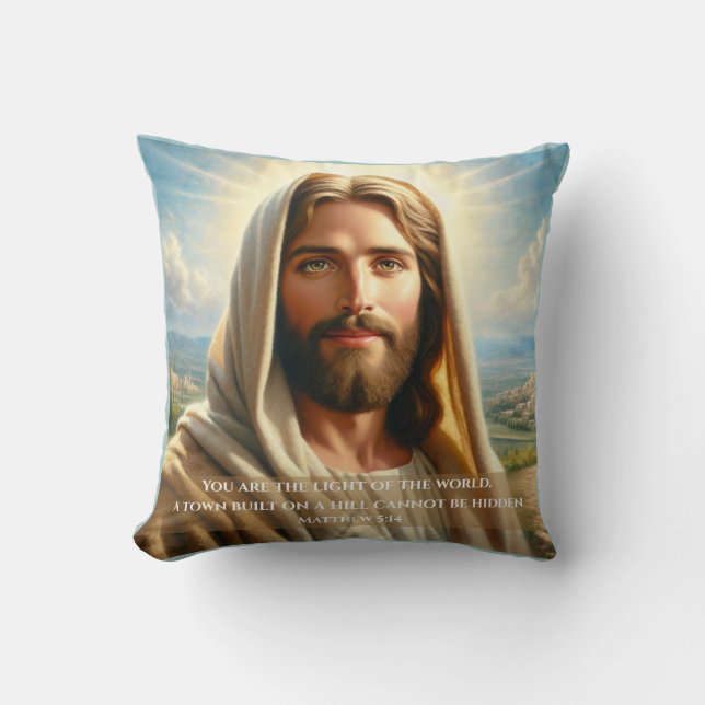 Coussin Jésus souriant sous un ciel céleste (Recto)