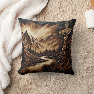 Coussin Jésus sur la croix avec les montagnes et la rivièr
