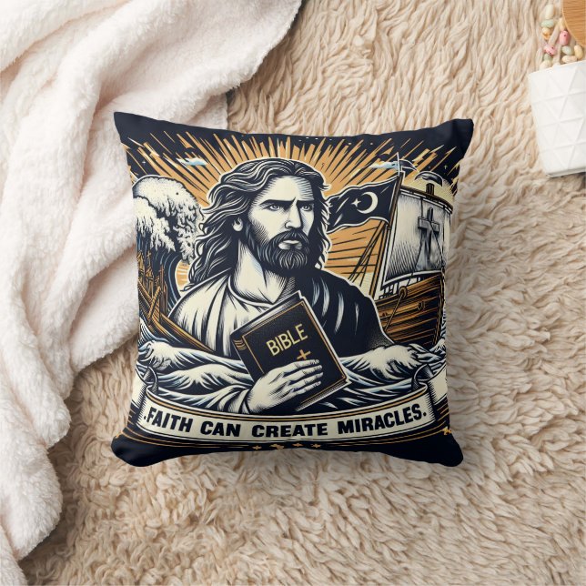 Coussin Jésus tient la Bible au milieu des mers orageuses  (Couverture)