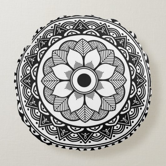 Coussin jetable à médaillon rond noir et blanc (Devant)