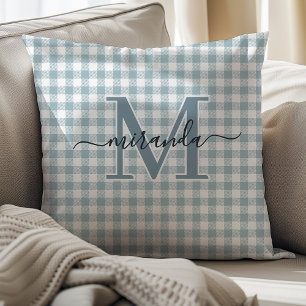 Coussin jeté à carreaux bleu poussiéreux avec mono
