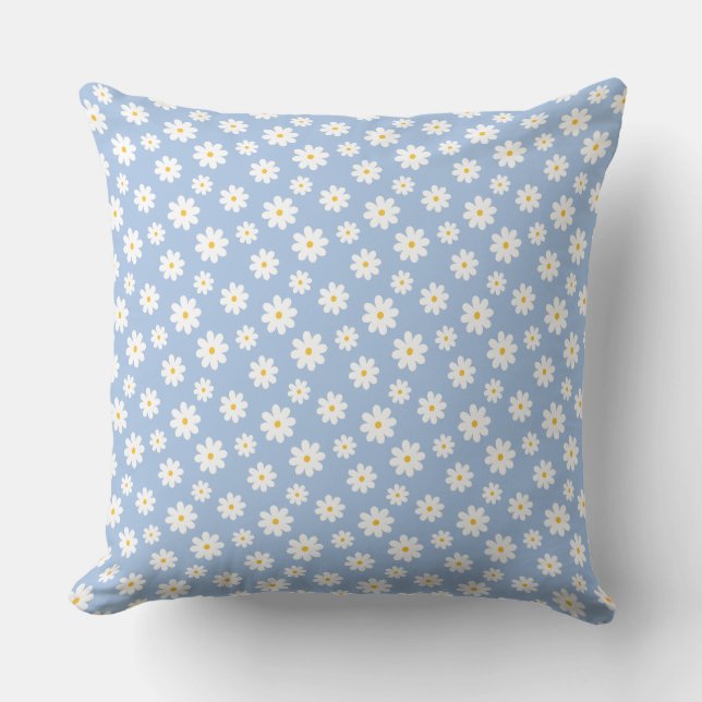 Coussin jeté à fleurs blanches et bleu pervenche (Recto)
