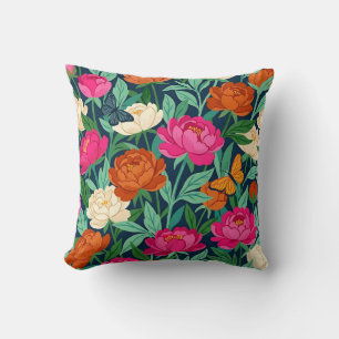 Coussin jeté aux pivoines et papillons bohème abst