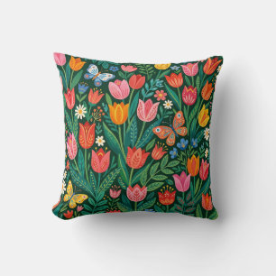 Coussin jeté aux tulipes abstraites et papillons