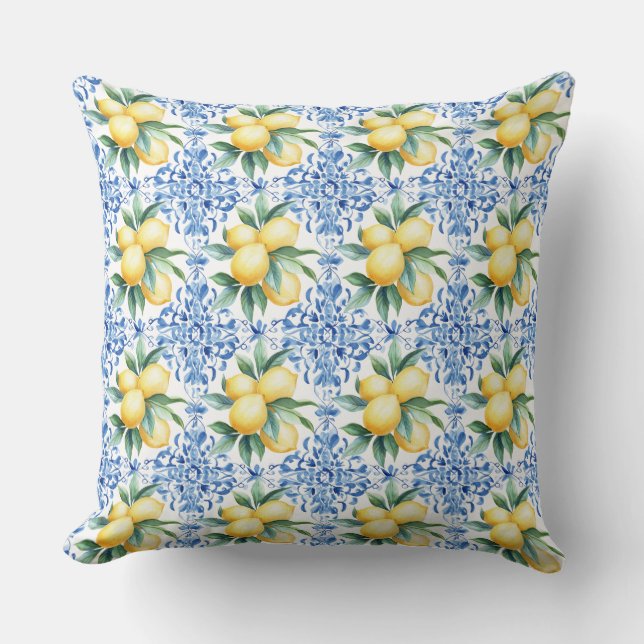 Coussin jeté bleu au citron à l'aquarelle (Recto)