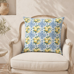 Coussin jeté bleu au citron à l'aquarelle