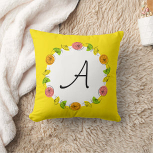 Coussin jeté carré monogramme jaune Citrus Circle