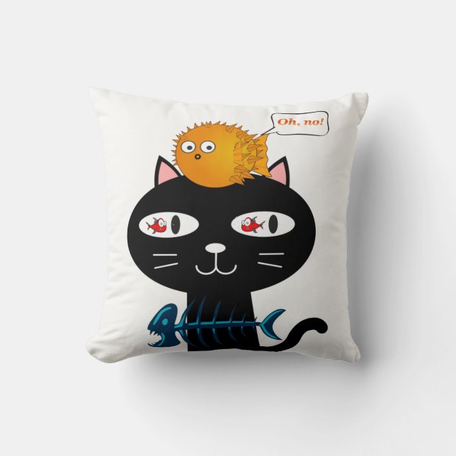 Coussin Jeté Chat Noir Arêtes de Poisson (Recto)