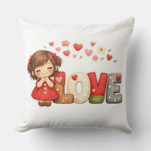 Coussin jeté Cœur "AMOUR" et Fille Chibi