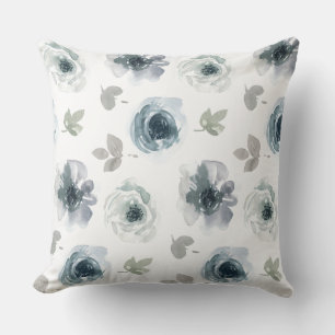 Coussin jeté fleurs aquarelle bleue et grise