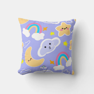 Coussin jeté motif lune et étoile arc-en-ciel bleu