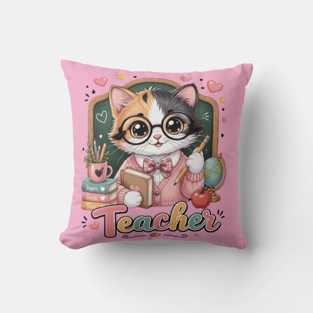Coussin jeté rose Professeur Chat Mignon (Recto)