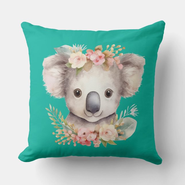 Coussin jeté turquoise de koala mignon (Recto)