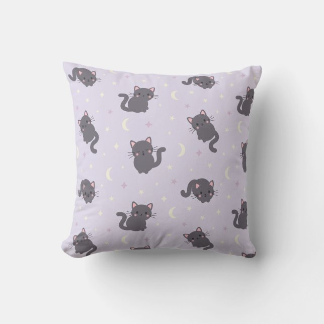 Coussin jeté violet avec un chat gris mignon (Recto)