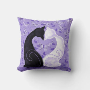 Coussin jeté violet couple chat cœur papillons