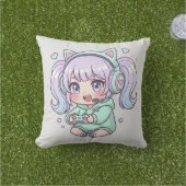 Coussin Jeter l'oreiller - Enthousiaste Chibi Gamer Girl (Herbe)