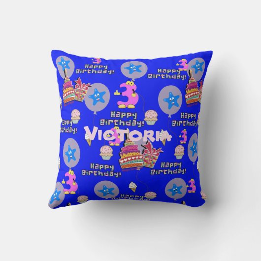 Coussin Jetez l'oreiller, #3 Joyeux 3e anniversaire bleu (Verso)