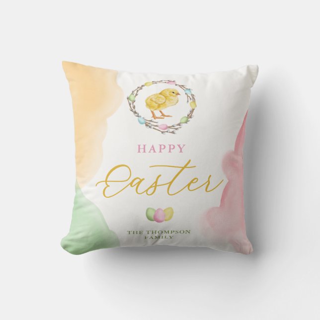 Coussin Jets d'aquarelle pastel et poussin Joyeuses Pâques (Recto)