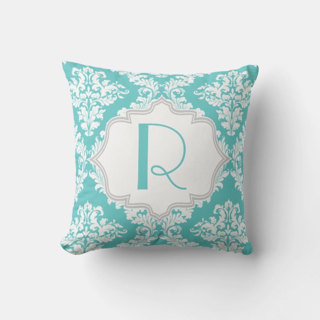 Coussin Jeu de motif damassé blanc bleu Aqua (Recto)