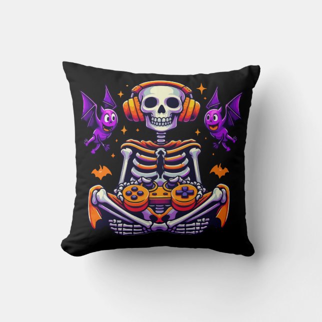 Coussin Jeu vidéo de squelette d'Halloween (Recto)