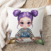 Coussin Jeune fille aux couettes violettes concentrée à so (Couverture)