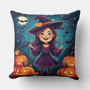 Coussin Jeune sorcière parmi des citrouilles lumineuses