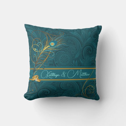 Coussin Jeunes mariés Teal Peacock et nom personnalisé (Recto)
