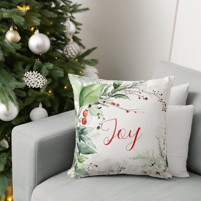Coussin Joie de Noël à la verdure aquarelle festive (Festive Watercolor Greenery Christmas Joy Throw Pillow)