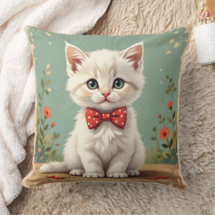 Coussin Joli adorable chat blanc avec noeud papillon