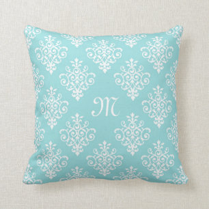 Coussin Joli Aqua bleu et blanc Damas avec Monogramme