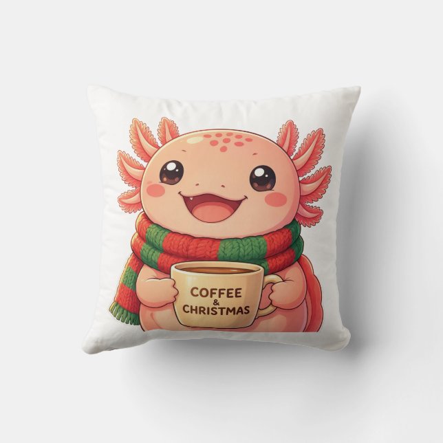 Coussin Joli Axolotl Buvant du Café Accent de Noël  (Verso)